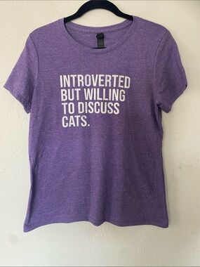 Gildan Purple Tee with White 'Introverted But Willing To Discuss Cats' Print